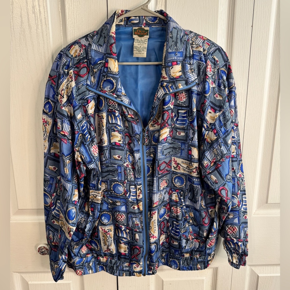 Outbrook Silk Marinewear Nautical Print Women's Bomber Jacket Size Large Vintage